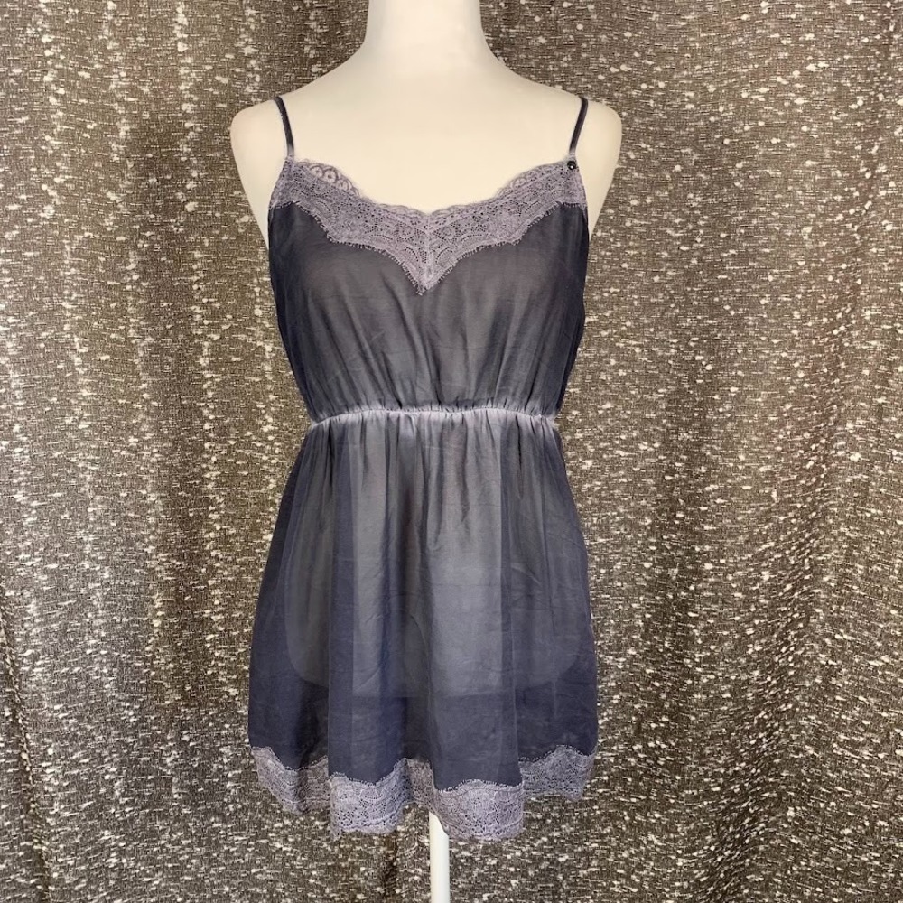 Guess‎ Sheer Gray Babydoll Lace Trim Tank Top Y2K Whimsigoth Women's Large